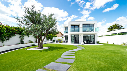 modern two-story white house with green lawn and stone pathway