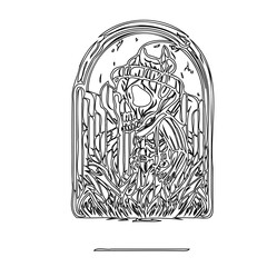 Monochrome skull in winter attire, encapsulated within an ornamental framework