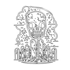 Eerie graveyard sketch featuring a skull surrounded by ethereal decorations