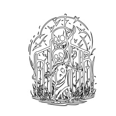 Spooky Illustration: Stylized depiction of deathly figures amidst a gothic setting