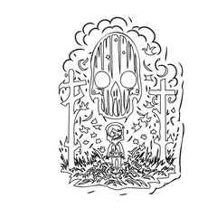 Ethereal graveyard scene featuring a cartoon zombie and ominous skull figure