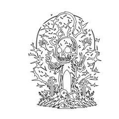 Whimsical Halloween Character Outline in a Graveyard, Ideal for Coloring Books