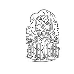 Eerie skull visage surrounded by mystic elements and distorted architecture