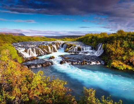 magical nice captivating landscape with hraunfossar and barnafoss waterfalls near reykholt iceland exotic countries amazing places meditation antistress concept