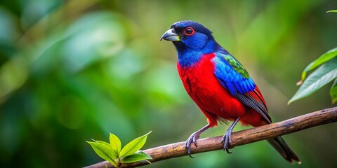 Obraz premium Vibrant Red Blue Black Bird Perched on Branch Aerial View Stock Photo