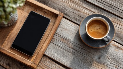 Coffee Cup and Smartphone on Wooden Table with Natural Lighting