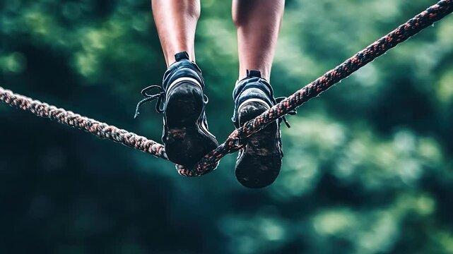 Balancing Act on Slackline in Forest