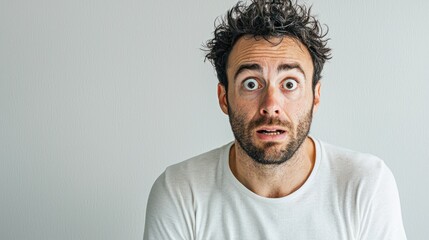 Obraz premium Close-up of a man sweating nervously, panicked expression, white background