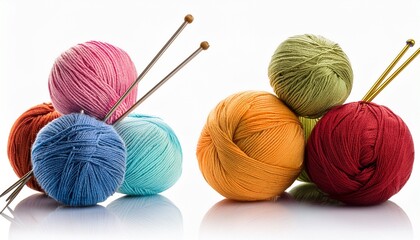 multicolored balls of yarn and knitting needles isolated on white collage