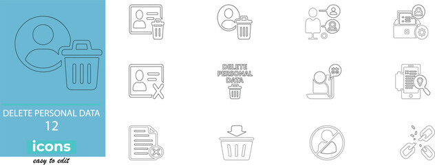 Delete personal data line icons - minimalist vector set for GDPR, privacy tools, and security dashboards. Clean, scalable designs.