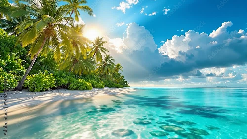 Poster a vibrant tropical beach scene featuring lush green palm trees against a backdrop of a bright blue s