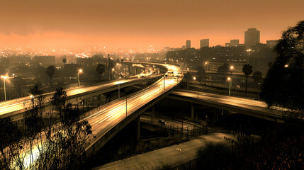 Fototapeta premium City highway interchange at twilight, shrouded in a hazy, warm light. Urban freeway network, with multiple elevated roadways and traffic lanes. City buildings 