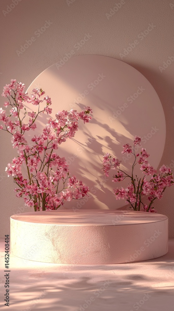 Poster A minimalistic setup features a round podium adorned with delicate pink blossoms. Soft lighting enhances the gentle hues and shadows on the surface, creating an elegant atmosphere