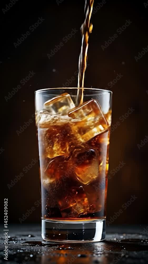 Poster a high-contrast image of a clear glass filled with ice cubes, capturing cola being poured against a 