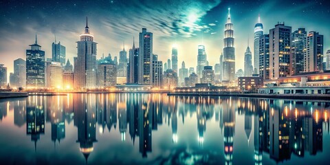 Vintage Futuristic Cityscape: White Architecture, River, Retro Style