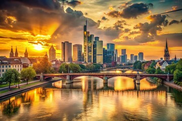 Fototapeta premium Vintage Golden Hour Sunset Frankfurt Skyline Panorama