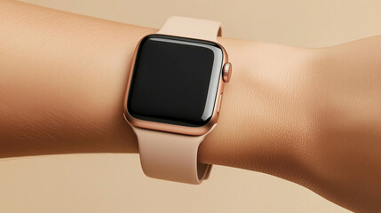 Photo of an Apple Watch with a rose gold case and light brown leather strap,