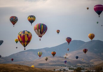 Obraz premium Colorful Hot Air Balloons Soar Over Scenic Mountain Landscape During a Festive Air Show