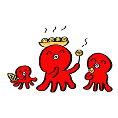 たこ焼きを美味しそうに食べているタコのイラスト