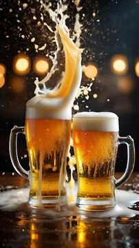 Two frothy beer mugs captured in a dynamic action shot, with beer splashing dramatically. Warm amber tones contrast with dark, blurred background lights, emphasizing excitement. Soft highlights on gla
