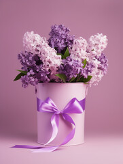 Lilac Bouquet in White Paper Bucket with Purple Ribbon on Pink Background