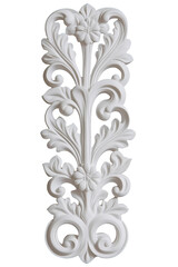 Ornate White Floral Scrollwork Plaster Relief for Wall Decor. PNG.