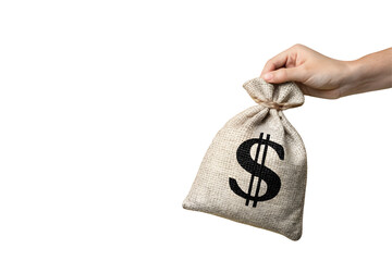 Obraz premium A close-up image of a hand holding a small burlap money bag with a black dollar sign ($) printed on it