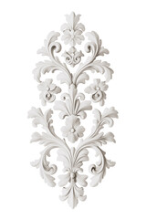 Elaborate White Decorative Ornament with Floral and Scrollwork Details. PNG.