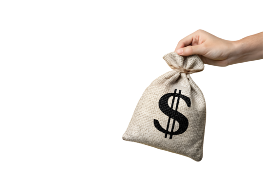 A close-up image of a hand holding a small burlap money bag with a black dollar sign ($) printed on it