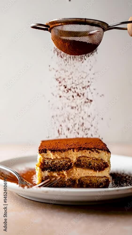Aufkleber a beautifully composed image showcasing a layered tiramisu on a plate, lit softly from above. the de