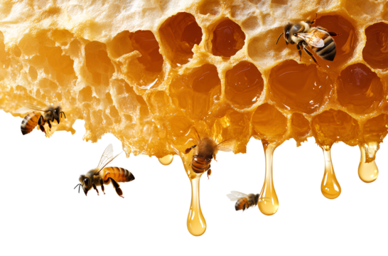 Honey dripping from a honeycomb with bees flying around, on a transparent background png