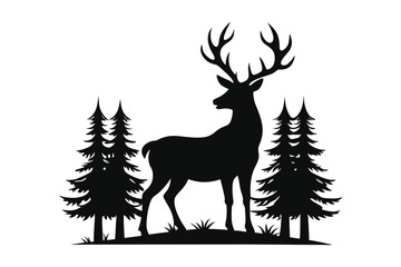 deer with pine trees Silhouette vector icon on white background