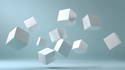3D render depicts numerous white cubes floating against a teal background, creating a dynamic composition.