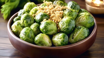 Fototapeta premium Roasted Brussel Sprouts with Breadcrumbs in Bowl