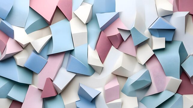 3D render of fragmented, overlapping geometric shapes in muted pastel colors.