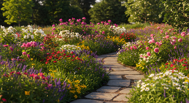 Idyllic Garden Path Leading Through a Colorful Flowerbed Paradise - Powered by Adobe