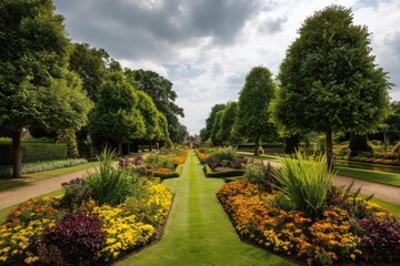 Vibrant Garden Flowers Bloom Beautifully in Symmetrical Rows, Creating a Serene Landscape with Lush Greenery under Cloudy Skies.