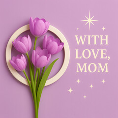 Charming Mother’s Day Greeting with Purple Tulips in a Cream Circle Frame on Lilac Background and Elegant “With Love, Mom” Text with Sparkling Star Accents