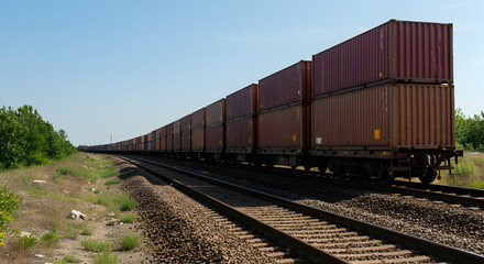 Obraz premium Freight Train Transporting Containers Along a Rural Track in Daylight