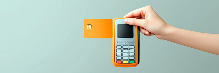 Hand holding orange payment terminal and card on pastel background representing modern cashless transaction