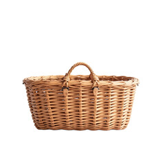 A classic wicker picnic basket with a sturdy handle, perfect for outdoor gatherings and picnics.