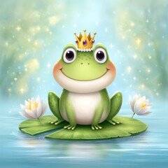Smiling Green Frog Wearing Golden Crown on Lily Pad in Blue Water