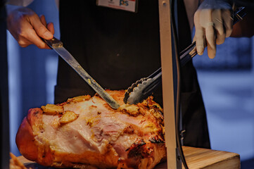 roasted ham pork with juicy pices pinapple slice in party dinner