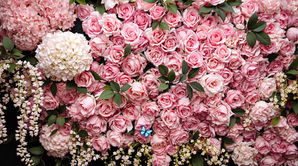 Fototapeta premium close-up view of pink roses and hydrangeas with delicate white flowers