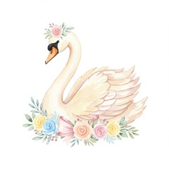 Obraz premium Pastel Watercolor Swan with Floral Wreath