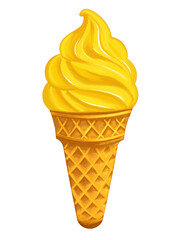 Bright yellow ice cream in a waffle cone, isolated on white background. Tasty and cheerful summer dessert illustration.