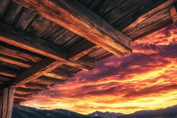 Obraz premium Wooden beams framing a fiery sunset over mountains.