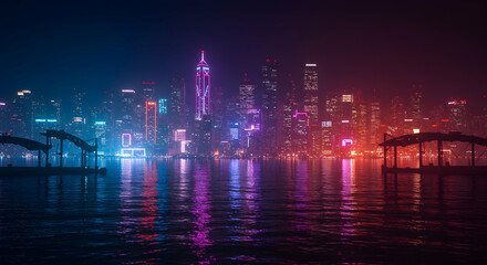 Stunning Night View of Hong Kong Skyline with Colorful Lights