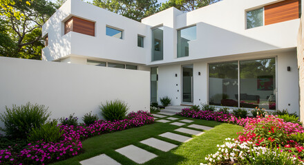 Contemporary Home Exterior With White Walls and Manicured Garden