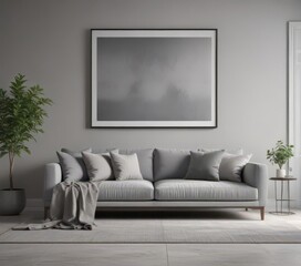 Chic grey sofa, framed prints, minimalist living room  ,  home styling,  apartment,  prints